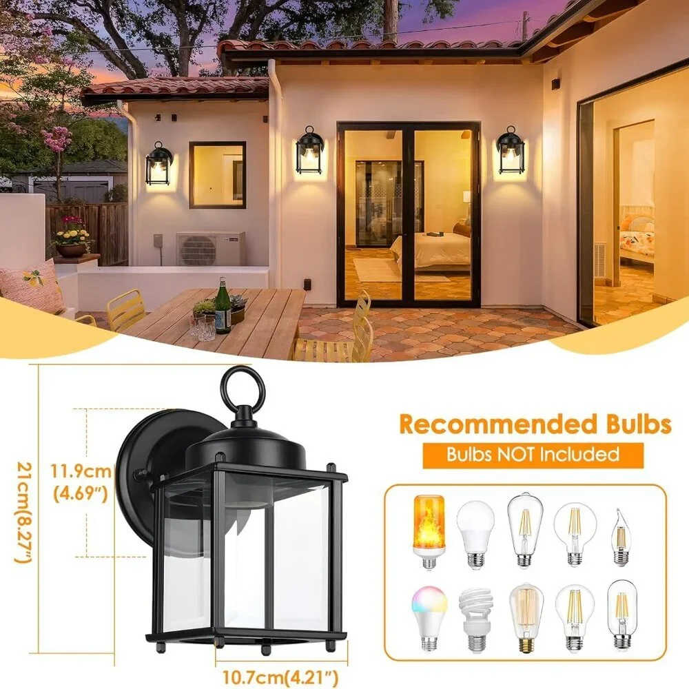 Durable Black Outdoor Wall Lantern - Energy Efficient Waterproof Sconces, 2 Pack